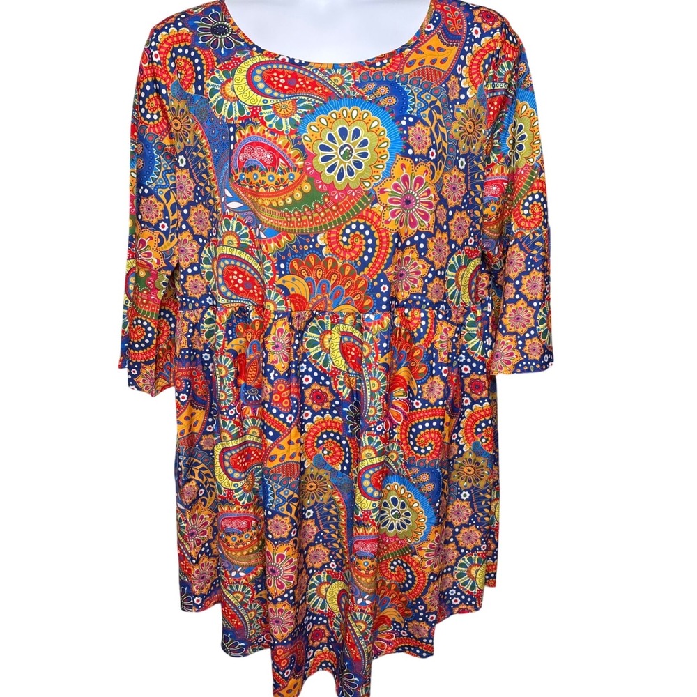 JUSTFASHIONNOW Multicolor Paisley Tunic Dress Sz XXL Flowy Boho Peplum Oversized